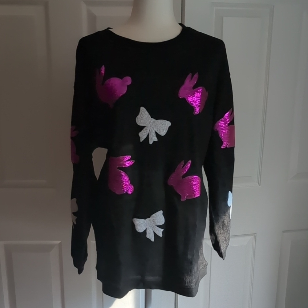 Bunnies and Bows Black and Pink Corduroy Sequined Top